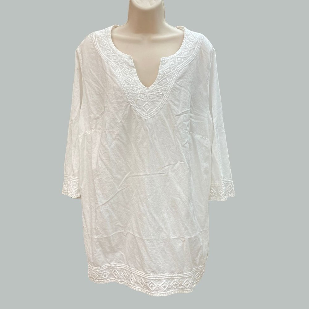 Catherines Plus Size 1x White Blouse Pull Over Top with Embroidery Pattern 3/4 S